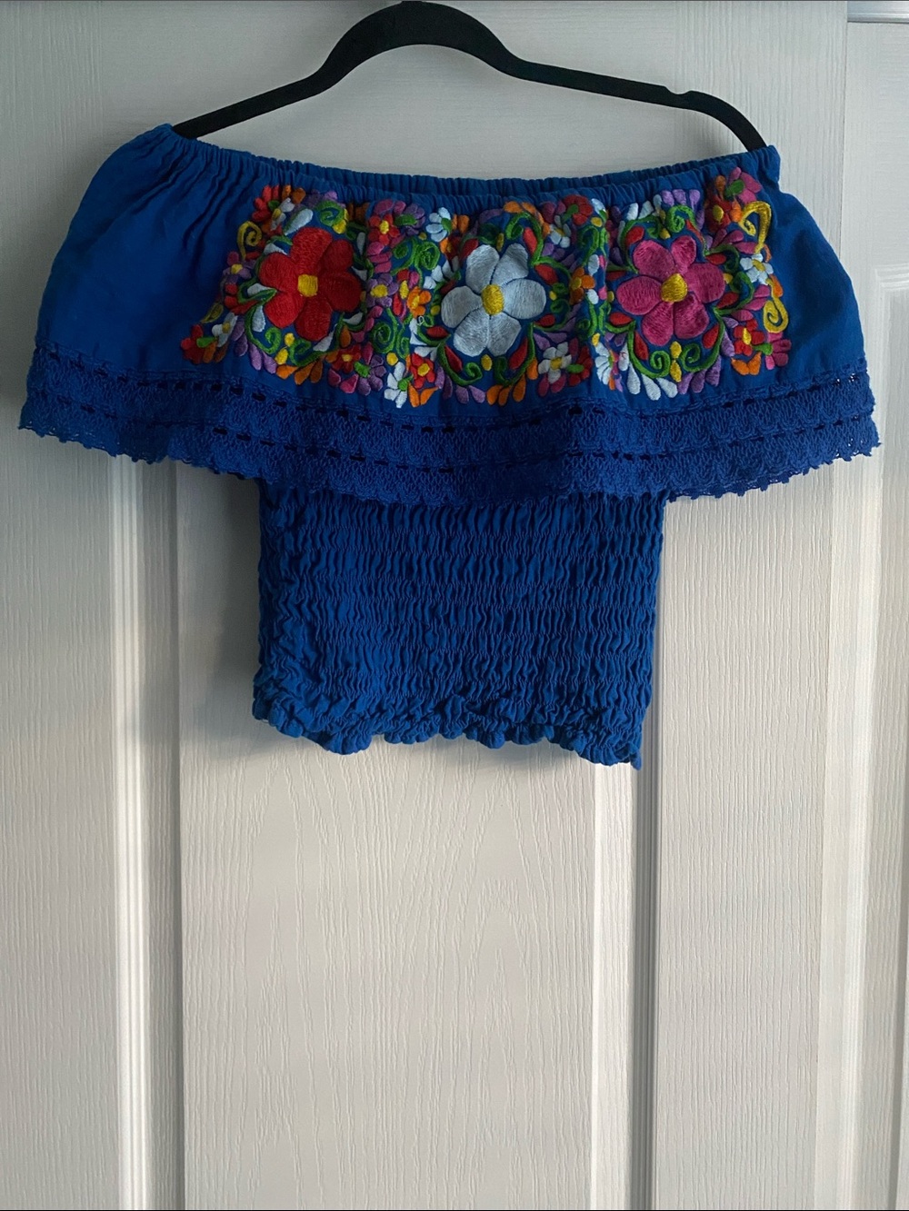 Women’s Off-Shoulder Embroidered Blue Top